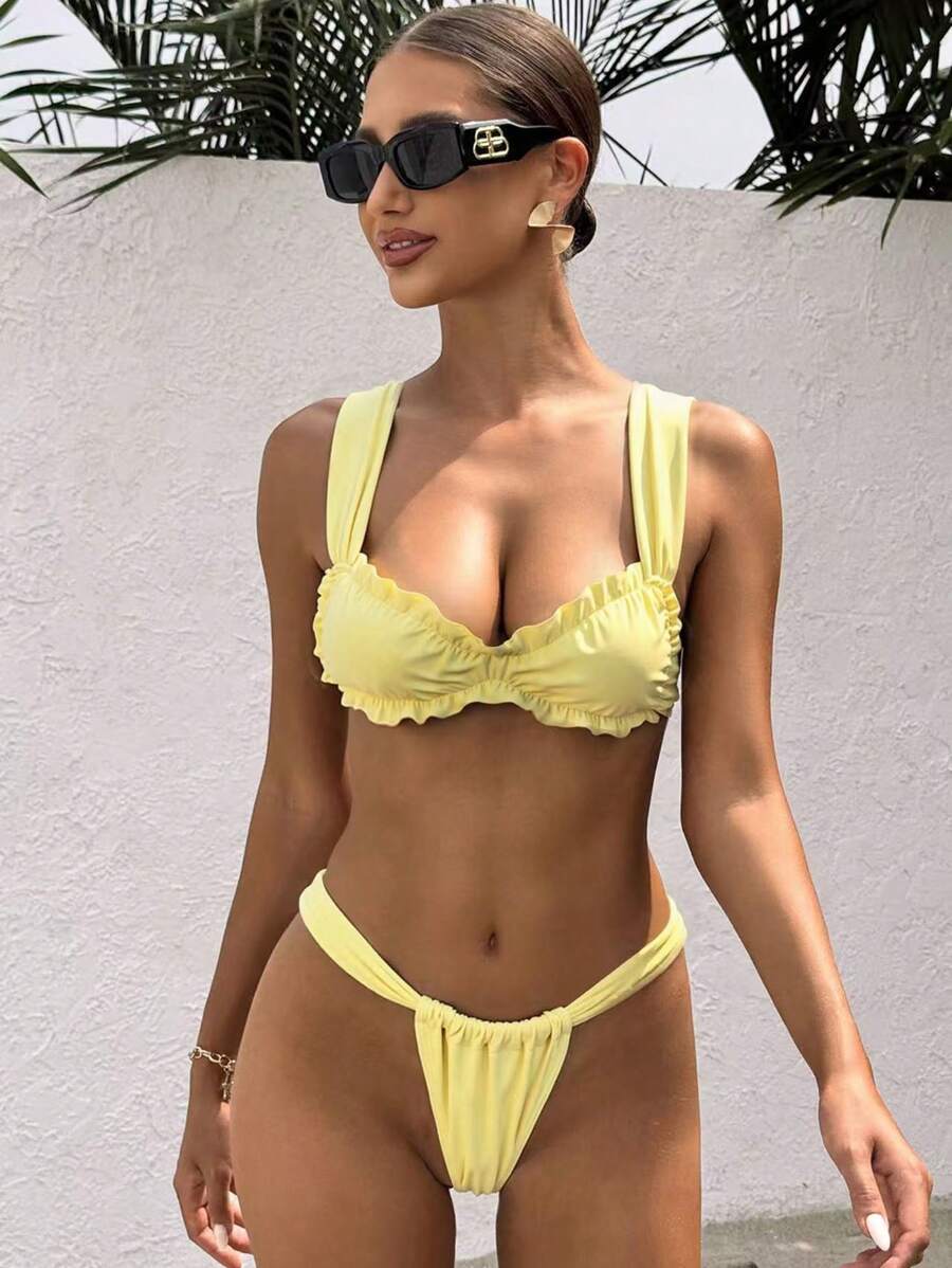 Swim Vcay Costume da bagno a due pezzi estivo da donna, aderente ed elegante, di colore giallo per vacanza