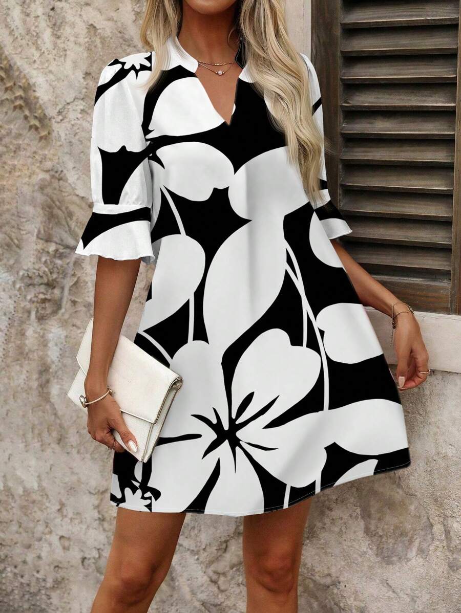 SHEIN Clasi Vestido corto casual con cuello en V, estampado floral y manga media para mujeres, adecuado para el verano