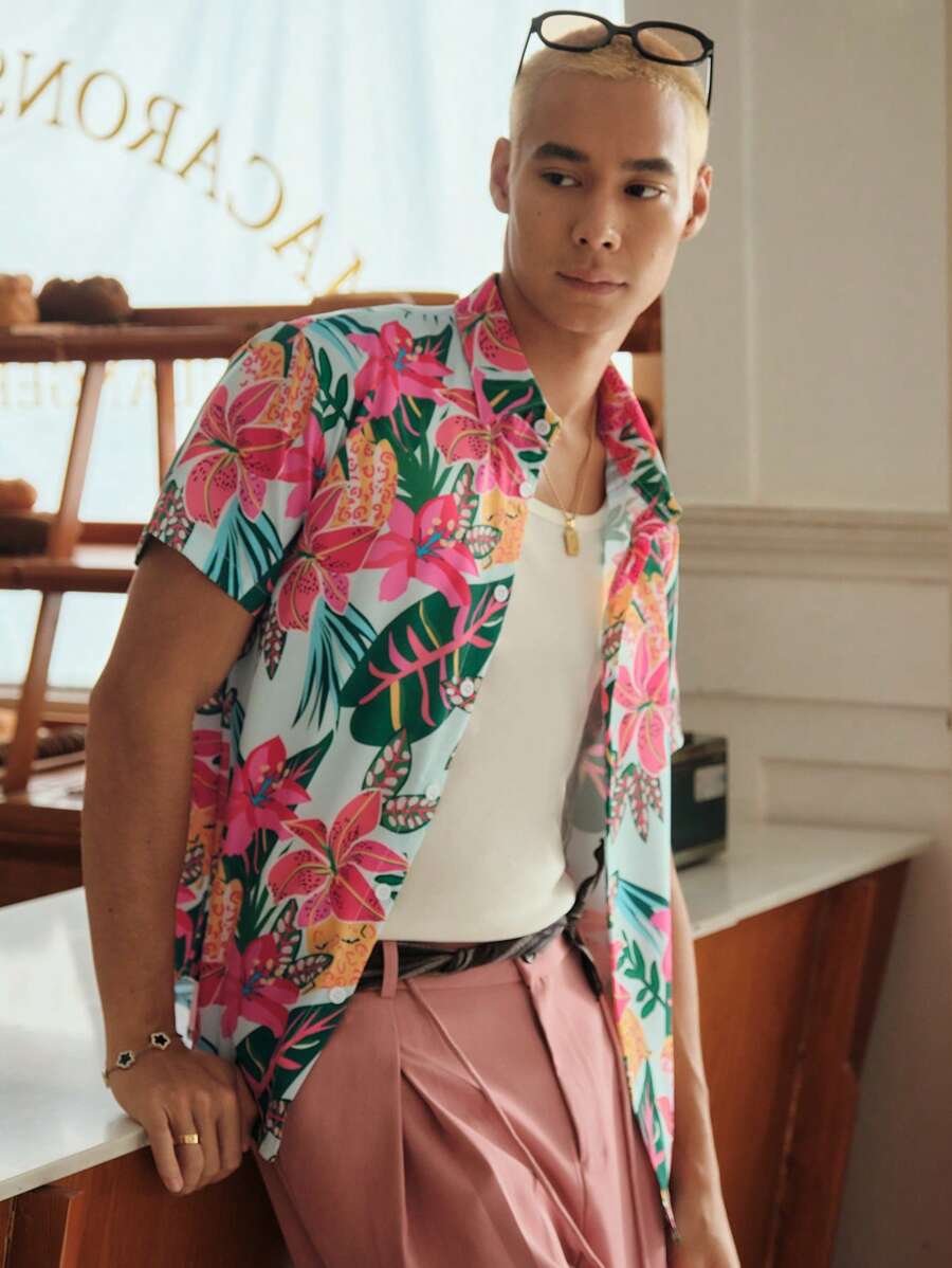 SWAVVY Camisa azul de manga corta con estampado floral tejido casual para hombre, adecuada para vacaciones
