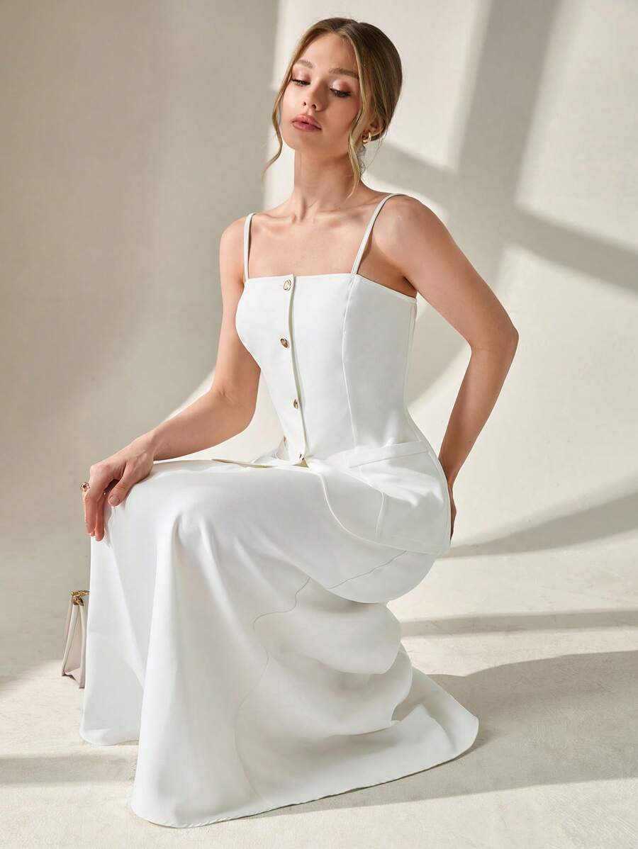 CLARA VERO Conjunto de 2 piezas de mujer de un solo color tejido con top con tirantes y botones por delante y una falda larga de línea A para primavera/verano, elegante para salir, vacaciones y ocasiones especiales
