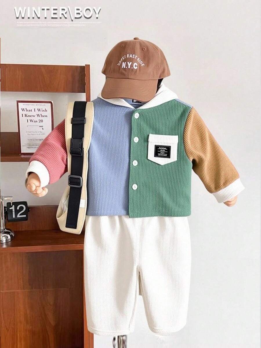 SHEIN 2pcs Set Baby Boy Colorful Monotone Contrast Color Hooded Loose Drop Shoulder Lightweight Jacket Top & White Long Pants Casual Outfit, Soft Corduroy Fabric Suitable For Daily Wear, Indoor, School, Travel