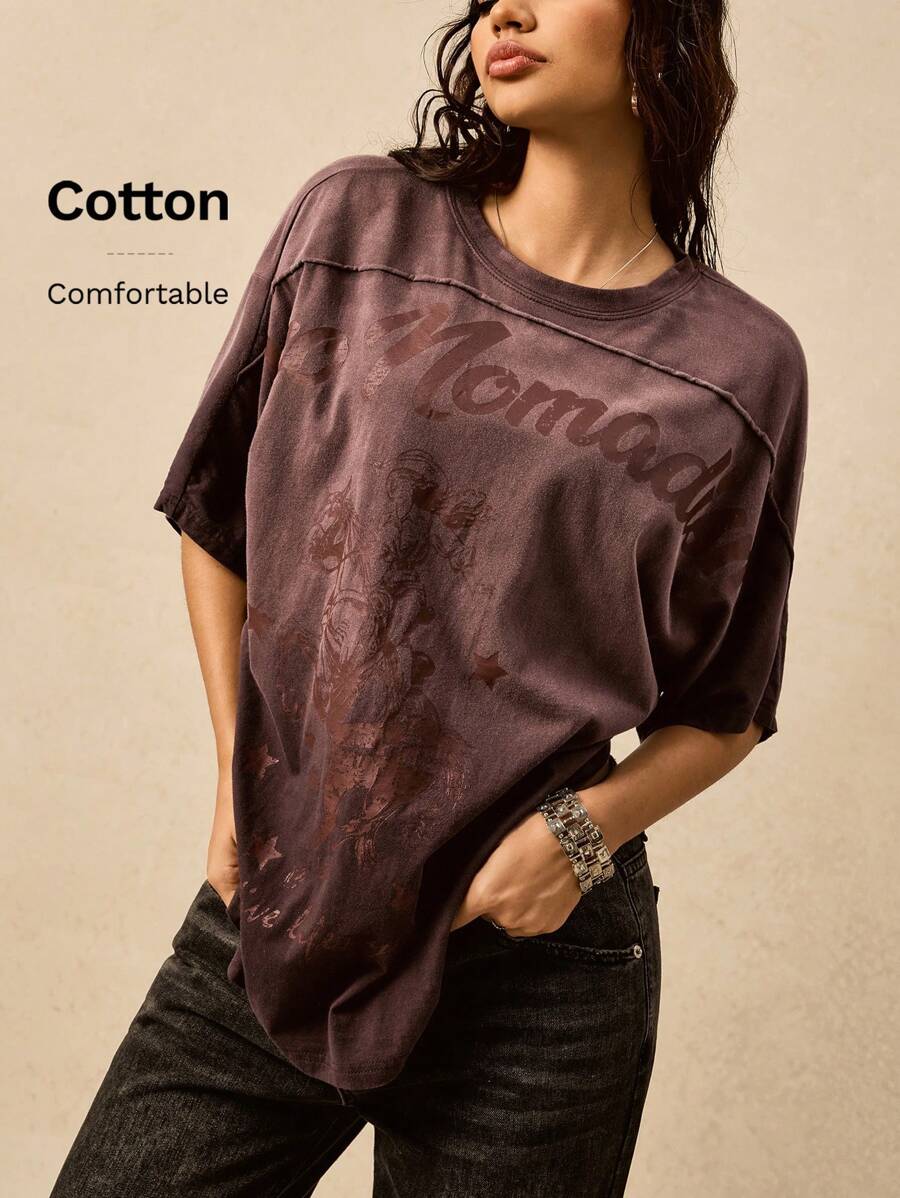 Easelle Women's Fashion Boho Round Neck Batwing Sleeve Coffee Brown Knit T-Shirts With Print For Summer Outfits Western Nomadic Graphic Tees