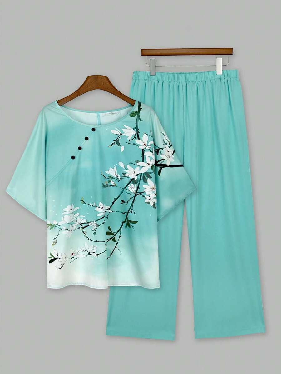 2pcs/Set Women Plus Size Ombre Floral Print Round Neck Short Sleeve Top And Wide Leg Pants