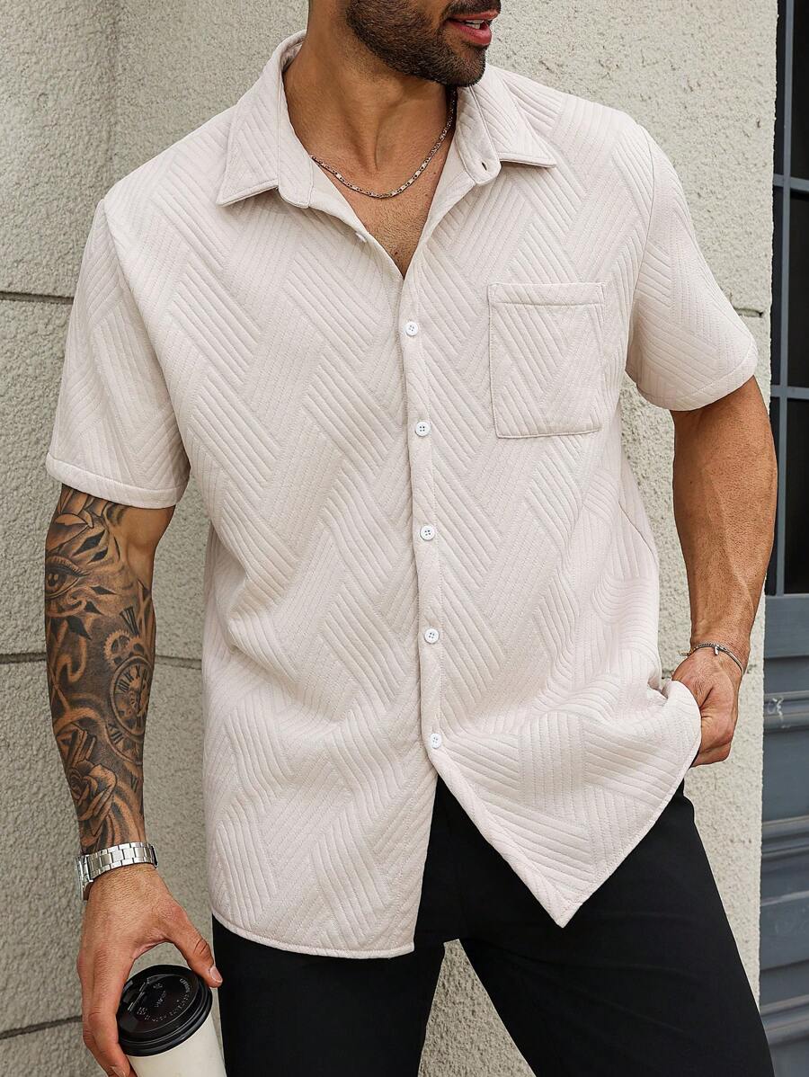Manfinity Homme Camisa casual de bolsillo de manga corta y de una sola hilera de botones de unicolor para hombres de talla grande