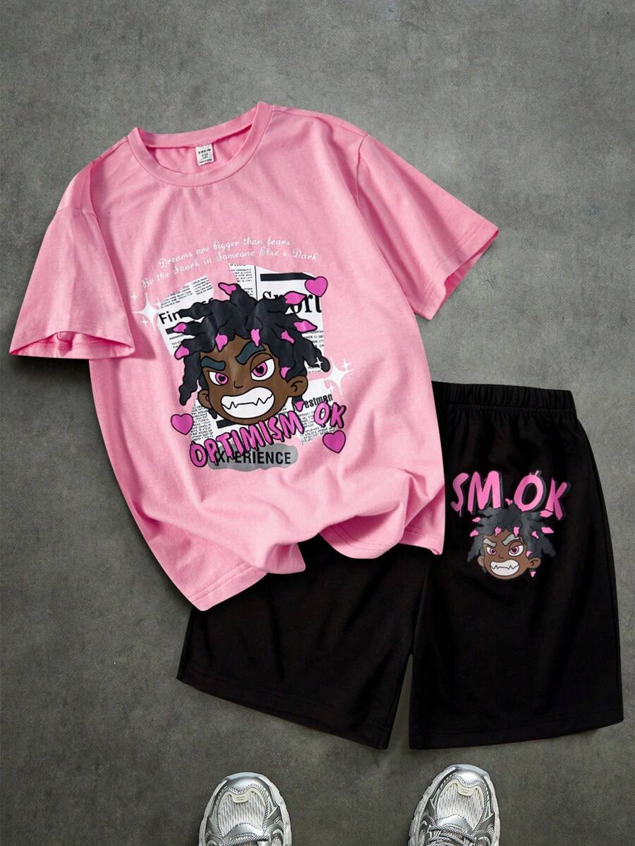 2pcs Tween Boys Casual Stylish Cartoon Character & Slogan Print Short Sleeve T-Shirt & Shorts Set, Suitable For Summer