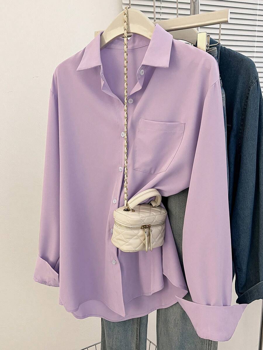 INAWLY Camisa casual de mujer de manga larga, de un solo pecho, de un solo bolsillo, de unicolor, para otoño