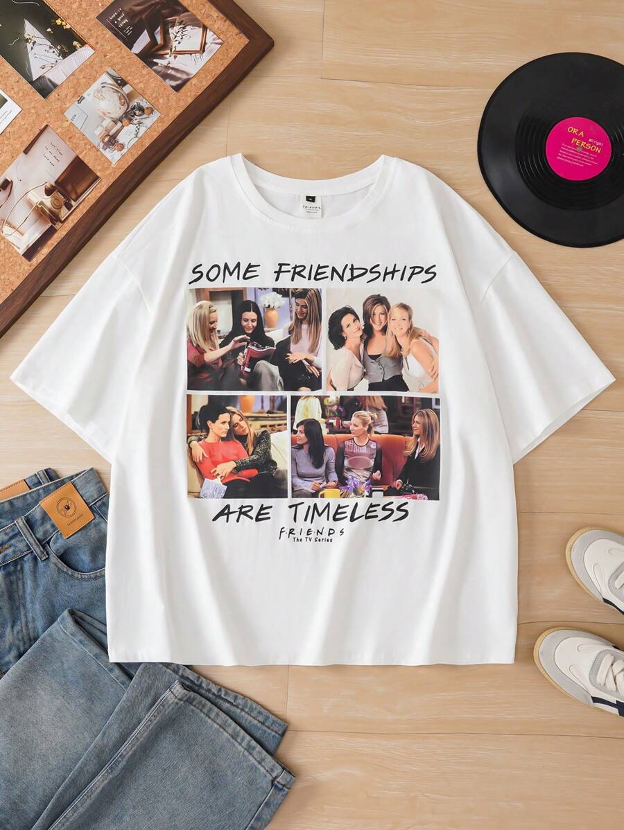 FRIENDS X SHEIN Mystic heart Camiseta casual de talla grande de verano con estampado gráfico de texto