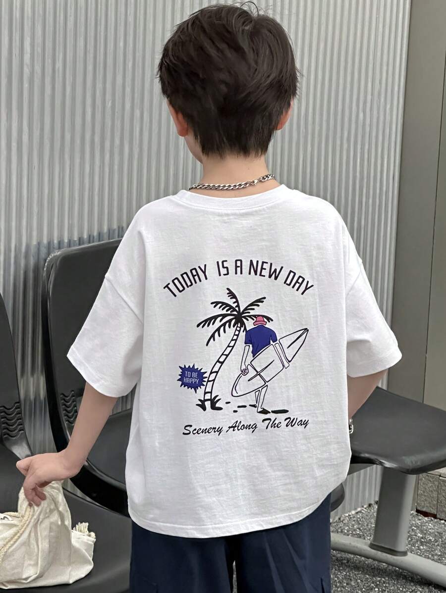 DAZY Tween Boys Oversized Round Neck Knit Printed Short Sleeve T-Shirt, Summer,Back To School Clothes