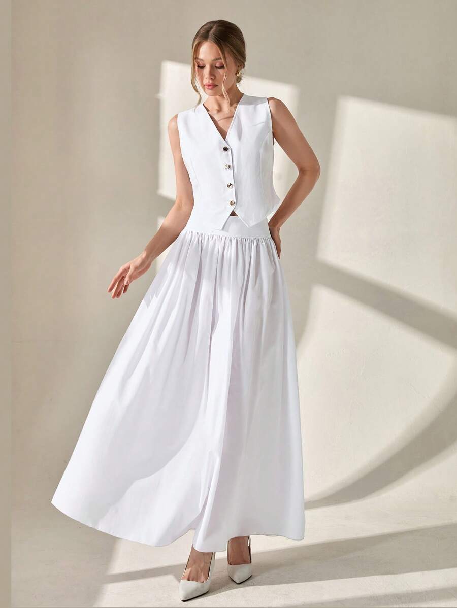 CLARA VERO Set de 2 piezas, top de chaleco con botones delanteros y falda larga de corte evasé, estilo elegante y casual para mujer
