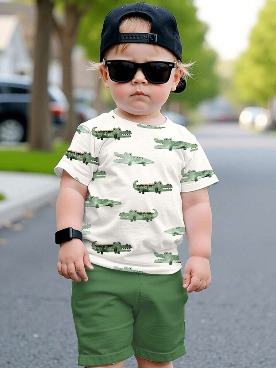 Selección de "Cocodrilo" para niños, colores pastel básicos para uso diario, niños felices, estilo biker, viaje familiar, días felices, "Amo a mamá", "Amo a papá", hogar encantador, niños geniales, conjunto de camiseta de manga corta y shorts minimalista casual para niño pequeño, apropiado para el verano