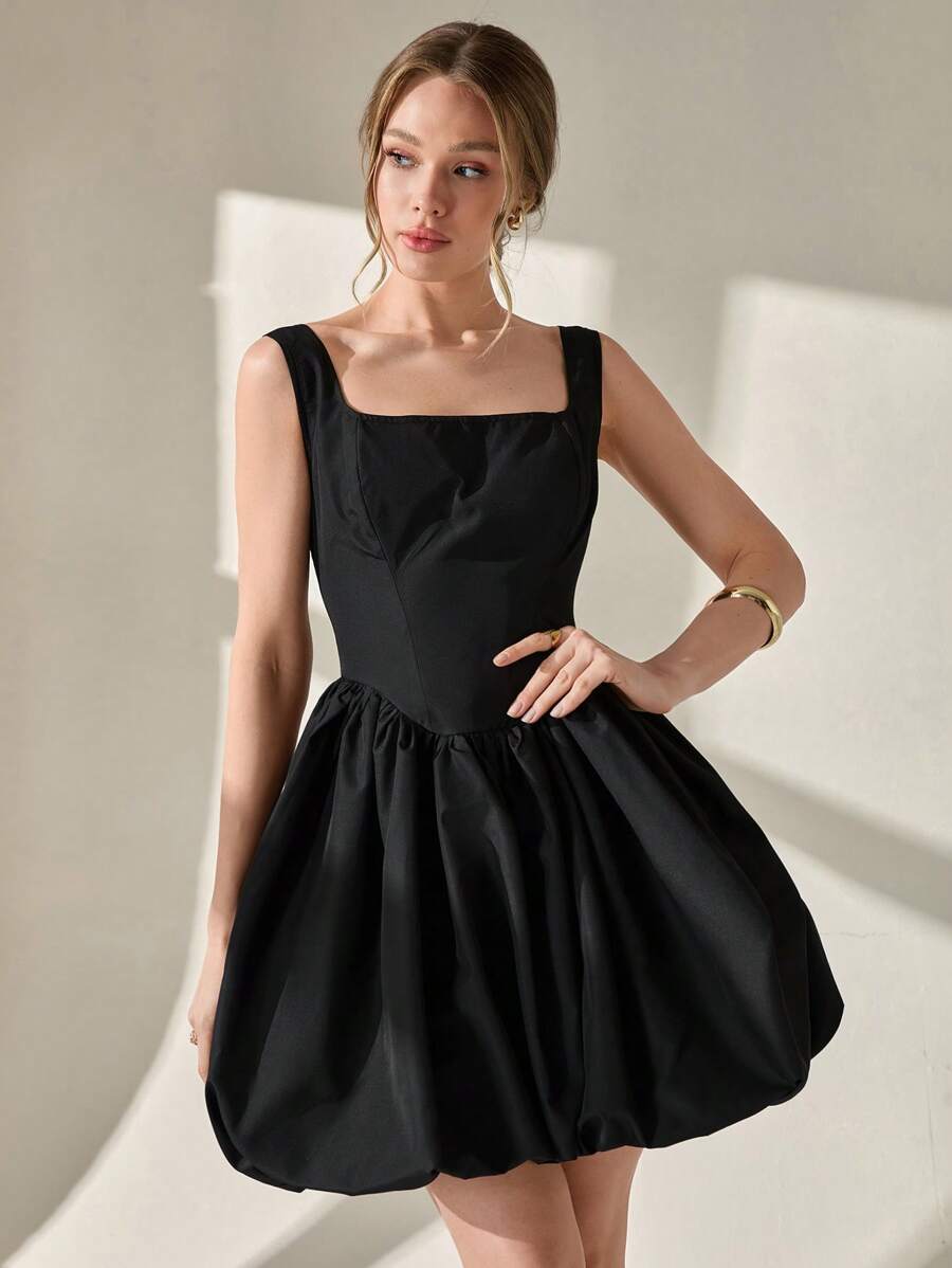 CLARA VERO Vestido corto globo de cintura alta con tirantes negros, vestido elegante para fiesta de graduación