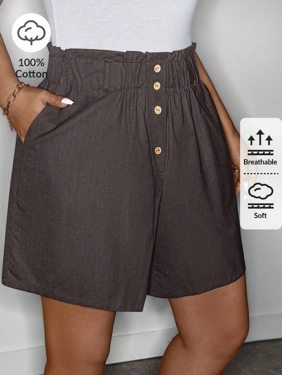 SHEIN LUNE SHEINLUNE Women Plus Size Blue Linen Elasticated Ruffled Hem Casual Shorts,Summer Outfits For Women, Spring Break Outfits Summer Boho Old Money Cotton Brown Shorts Women Women Shorts Summer Loose Shorts Paperbag Waist Shorts Comfy Shorts,Old Money Style Women
