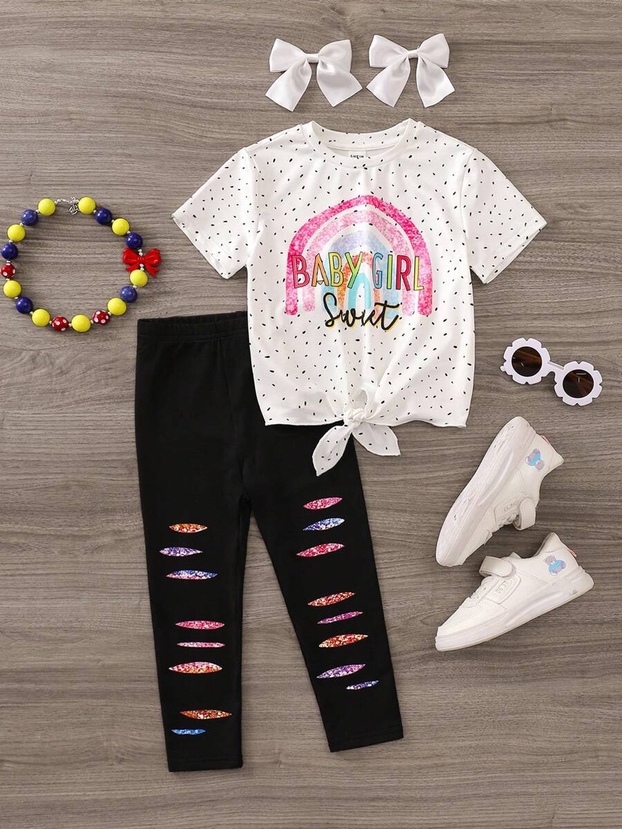 2pcs Set Tween Girls Rainbow Knit Top And Matching Leggings