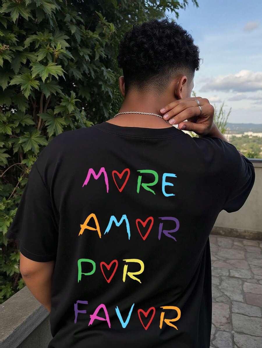 Manfinity Dauomo Men's Crew Neck Drop Shoulder Short Sleeve Colorful Letter Graphic Casual T-Shirt, Summer