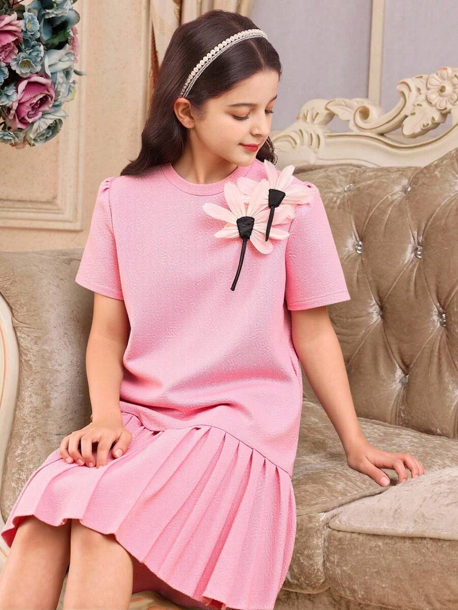 Tween Girls Black Short Sleeve Midi Dress, Patchwork Pleated Mesh Embroidered Floral Round Neck Loose Fit, Suitable For Outings, School, Gatherings, Spring & Summer, Birthday