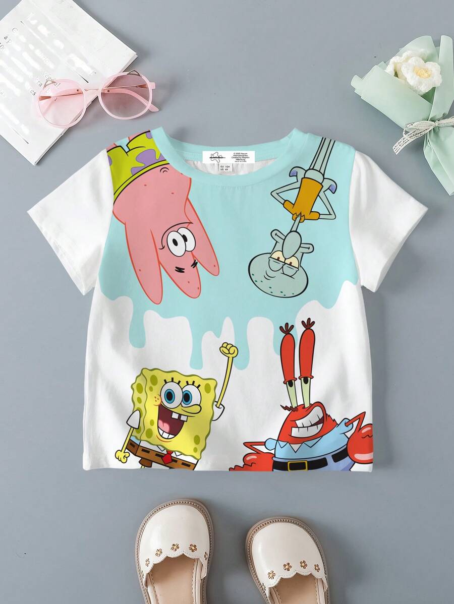 SpongeBob SquarePants X SHEIN Young Girl Cartoon Pattern Crew Neck Short Sleeve T-Shirt, Summer