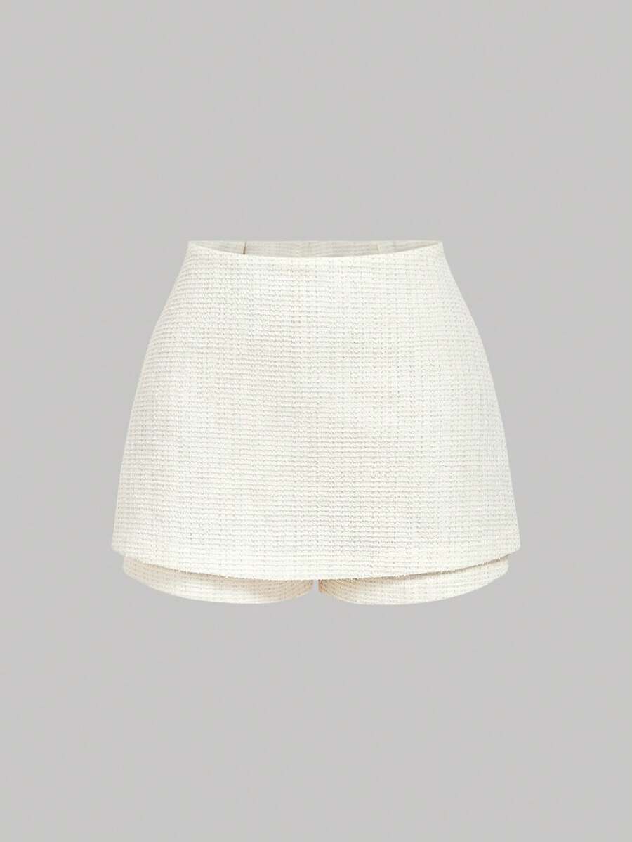 SHEIN MOD Falda de tweed beige de cintura alta elegante para mujer, para conciertos, fiestas, elegante, retro, vintage, boda, invitada de cumpleaños, falda pantalón de cintura alta