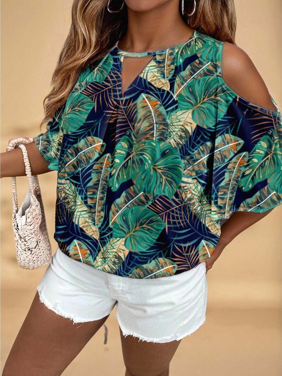 Travachic Blusa holgada con hombros descubiertos, estampado tropical de plantas y cuello con abertura, talla grande, para vacaciones de verano