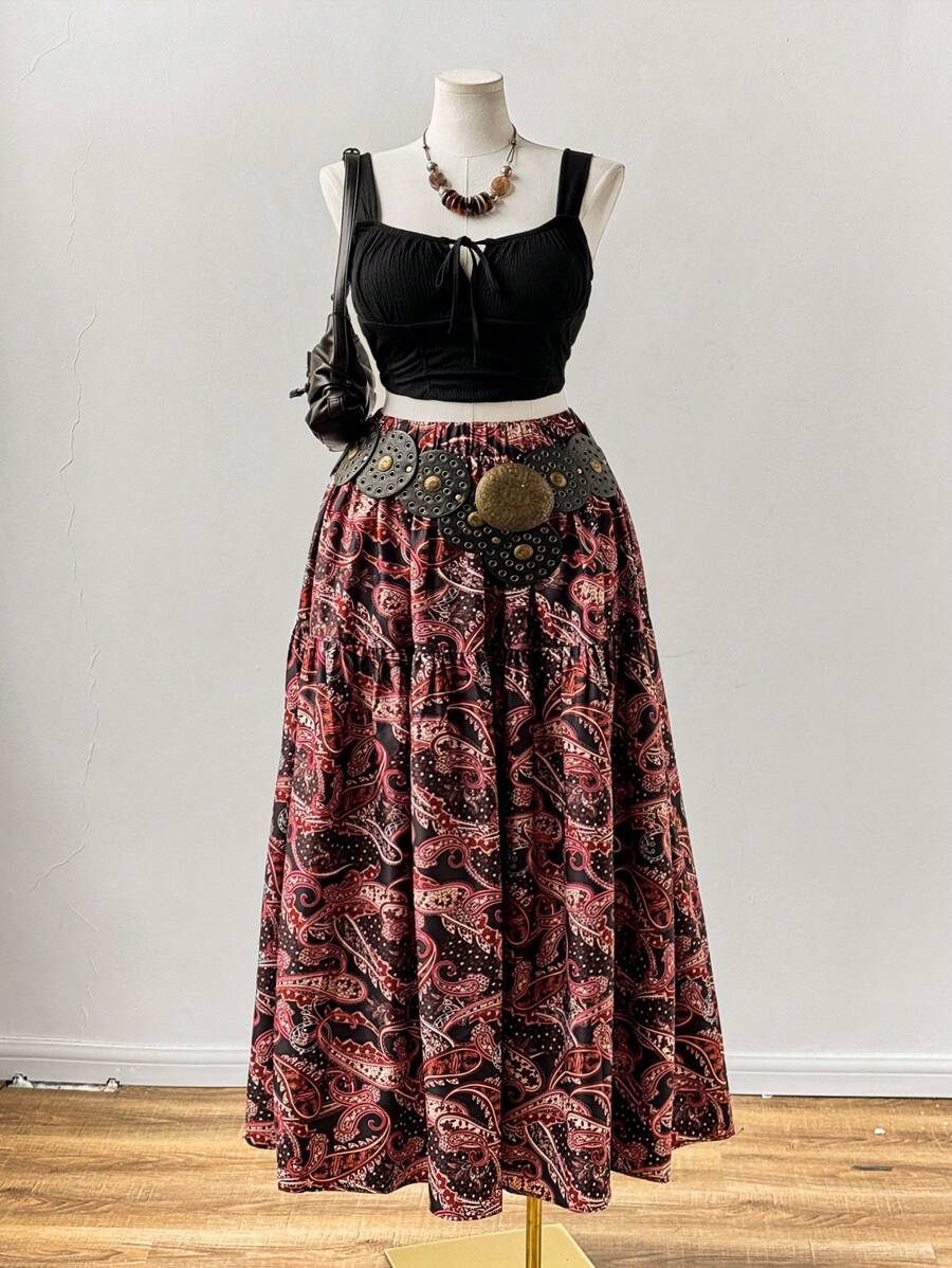 Sunspun Falda con estampado bohemio retro de vacaciones, efecto de pintura manual romántica y artística
