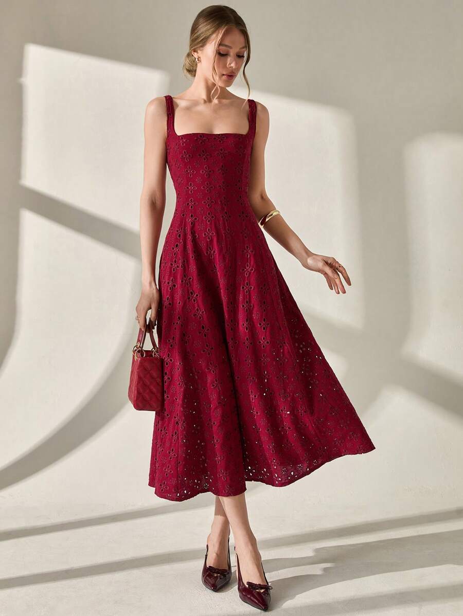 CLARA VERO Vestido elegante de mujer sin mangas con escote cuadrado y bordado floral para vacaciones