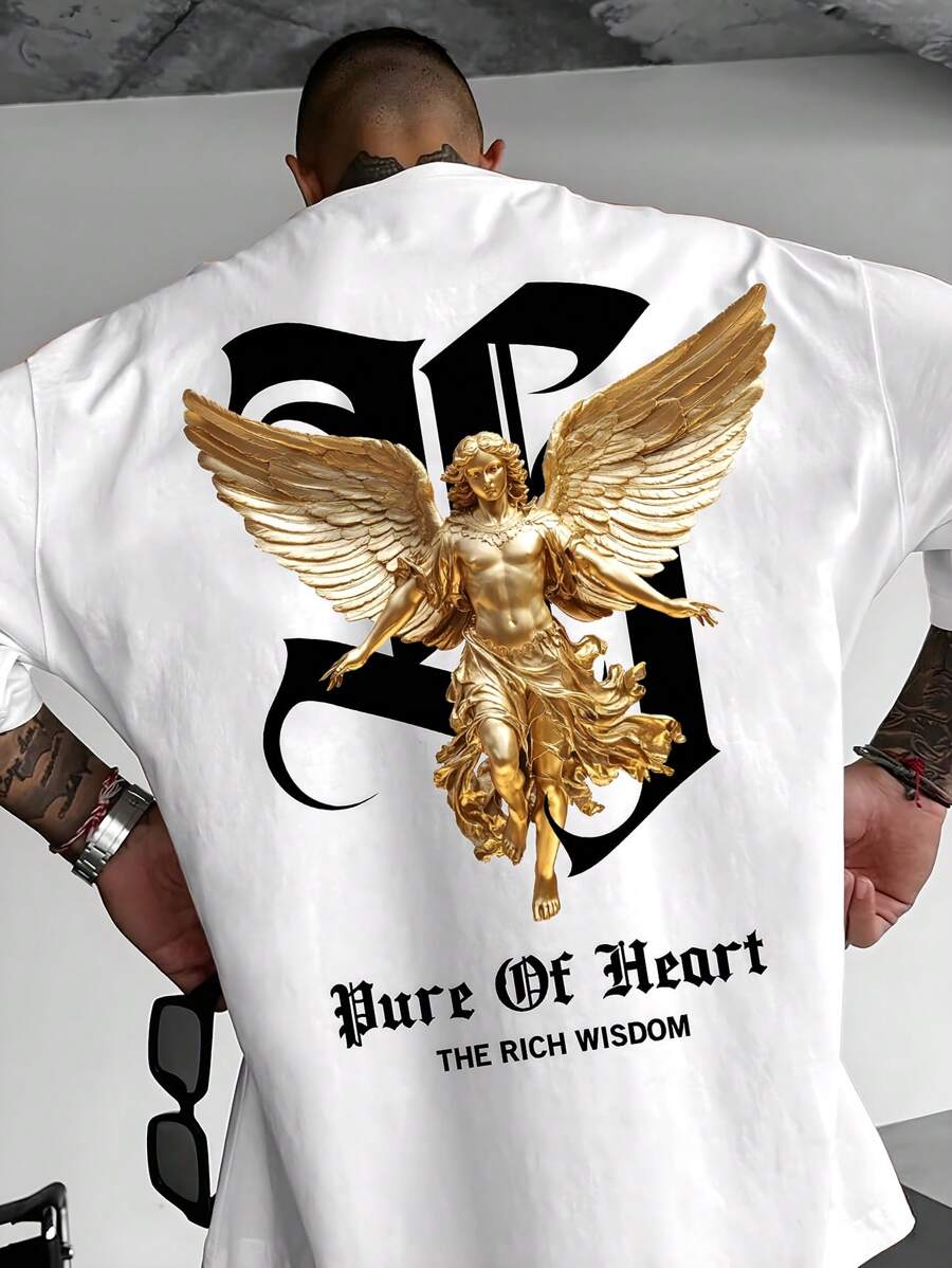 Manfinity LEGND Tricou bărbătesc casual cu mânecă scurtă, cu imprimeu sculptat și litere, decolteu rotund, pentru vară