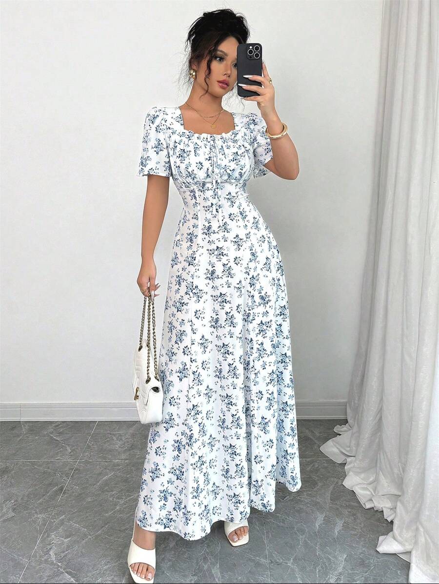 SHEIN Tall Elegant Vacation Casual Puff Sleeve Square Neck Tied Waist Slim Fit Dress For Tall Women, Spring/Summer