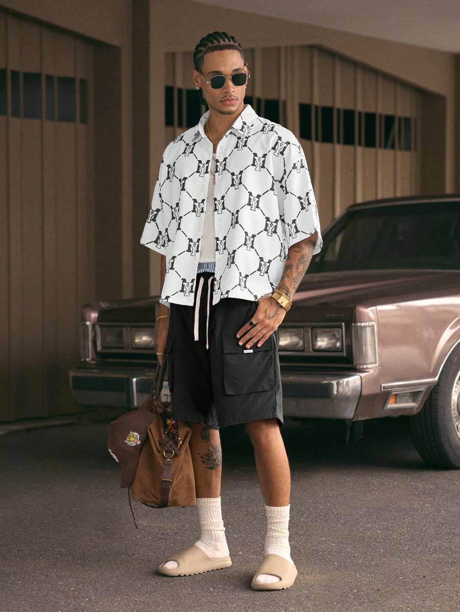 AXEPEAK Camisa de corte holgado con cuello, manga corta y estampado digital, con cordón en la cintura - Set para hombre