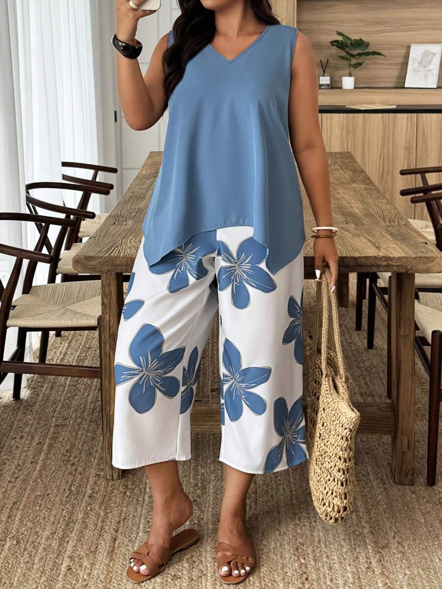 Weeklong 2pcs/Set Plus Size Sleeveless Leisure Vacation Style Floral Cut-Out Outfit