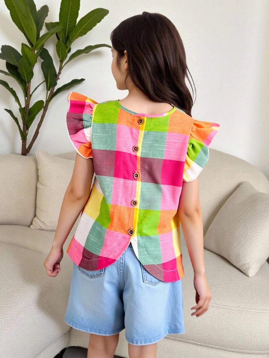 SHEIN Blusa informal y adorable con botones en la espalda, volantes y estampado a cuadros colorido para niña preadolescente - a juego con la mamá