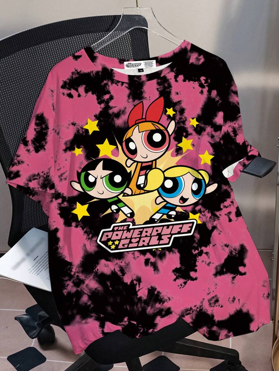 THE POWERPUFF GIRLS X SHEIN Plus Size Round Neck Short Sleeve T-Shirt, Comfortable & Casual, Featuring Tie-Dye & Blossom, Bubbles, Buttercup Pattern