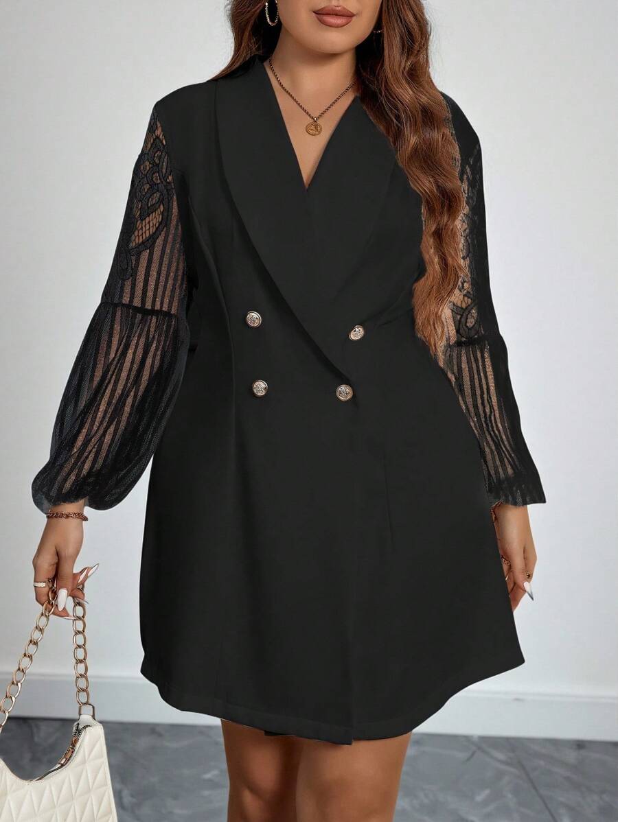 Celure Robe De Costume Double Boutonnage Cordon De Style Châle À Manches Lanterne En Dentelle Pour Grande Taille