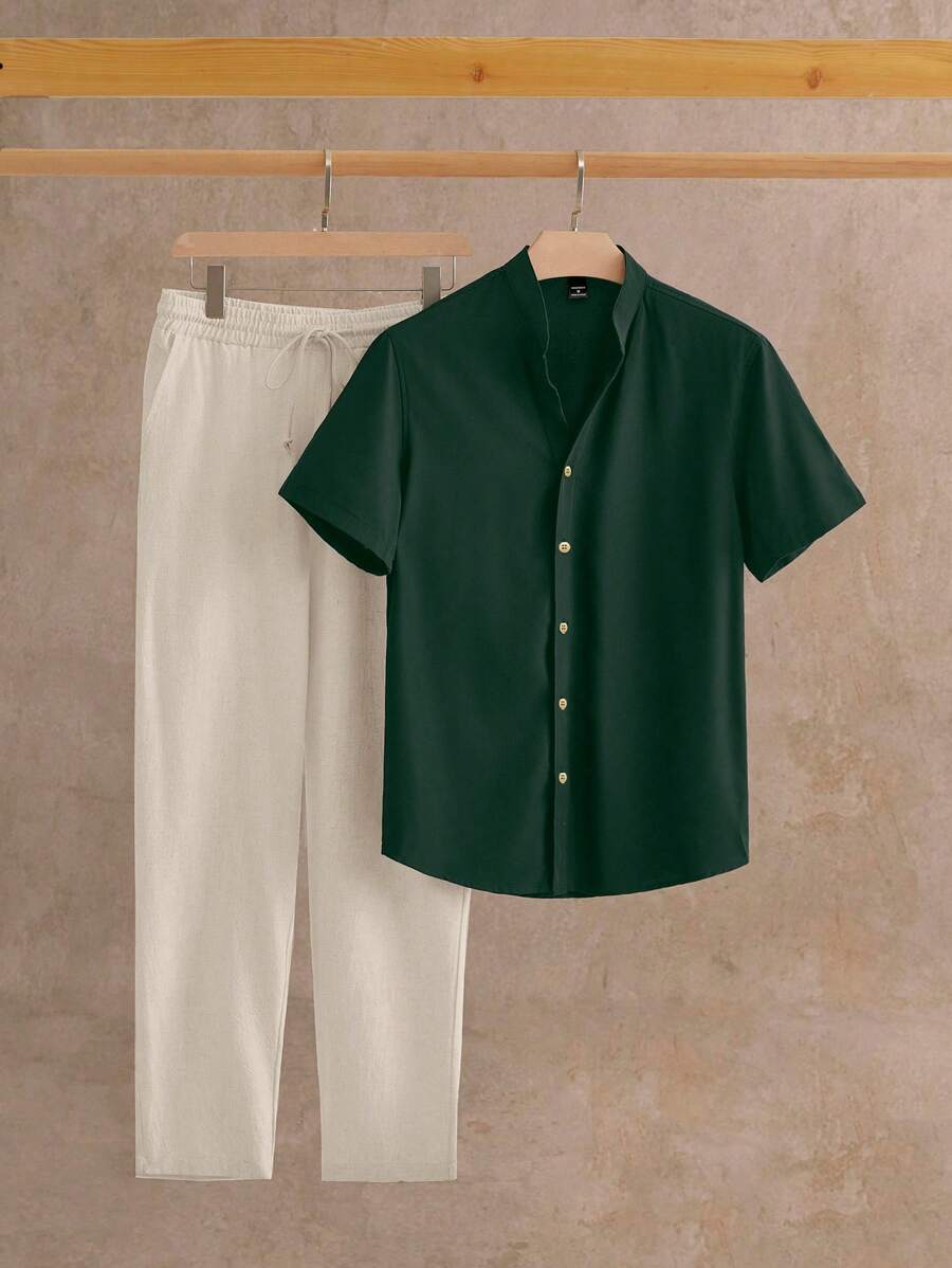 HIMLAND 2pcs/Set Men Woven Close-Fitting V-Neck Short Sleeve Casual Shirt Set