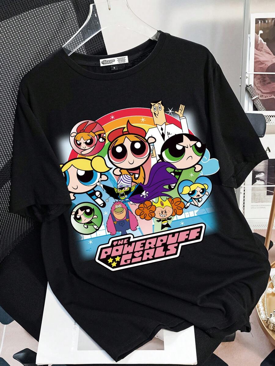 THE POWERPUFF GIRLS X SHEIN Crew Neck Loose Blossom, Bubbles, Buttercup Pattern Black Short Sleeve T-Shirt For Summer