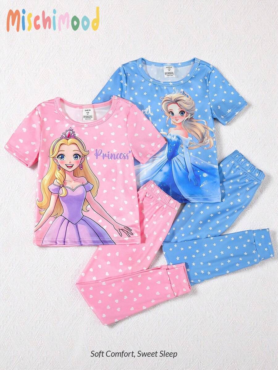SHEIN Conjunto de pijama ajustado de 4 piezas con estampado de corazón y estrella para niña, con top de manga corta y pantalones, en estilo princesa rosa y azul