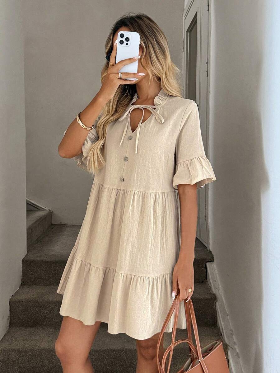 Easowa Women's Cotton Ruched Collar Ribbon Tie V Neck Multi Tier Ruffle Hem Splice Dress, Breathable & Soft