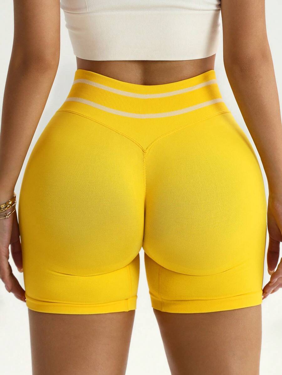 Seamluxe SHEIN Sport 1 Stück gelbe Fischgrätmuster nahtlose gestrickte Taille Sport Shorts, Lässig & Athletisch Workout Kurz