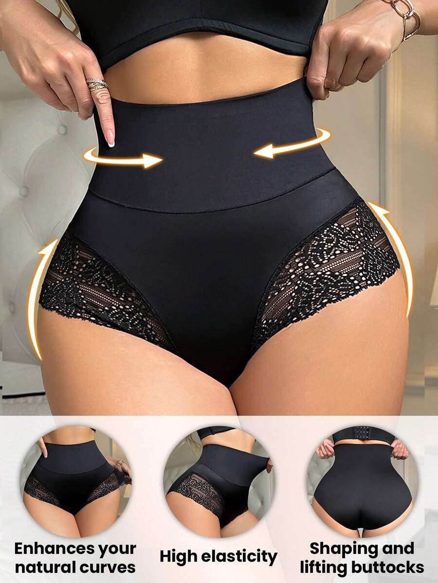 SHEIN 1pc Women Seamless High Waist Shaping Underwear, Lace Patchwork Tummy Control Panty