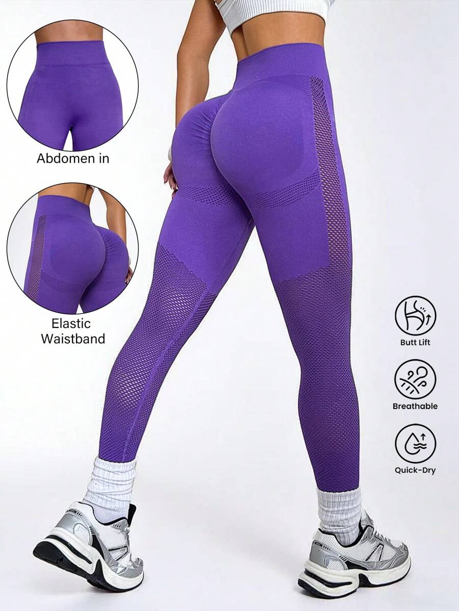 SHEIN Sport Studio Leggings sportivi attillati a vita alta donna, con disegni traforati, di colore solido, per l'estate
