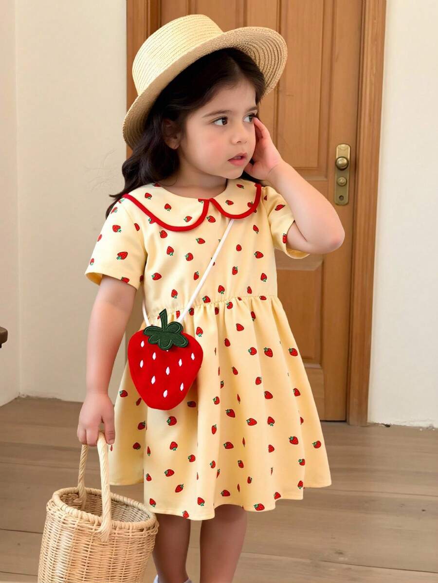 SHEIN Girls' Short Sleeve Smocked Collar Strawberry Print Dress With Strawberry Shaped Hanging Pouch, Casual Outfit For 4-7 Years Old, Summer New Arrival
