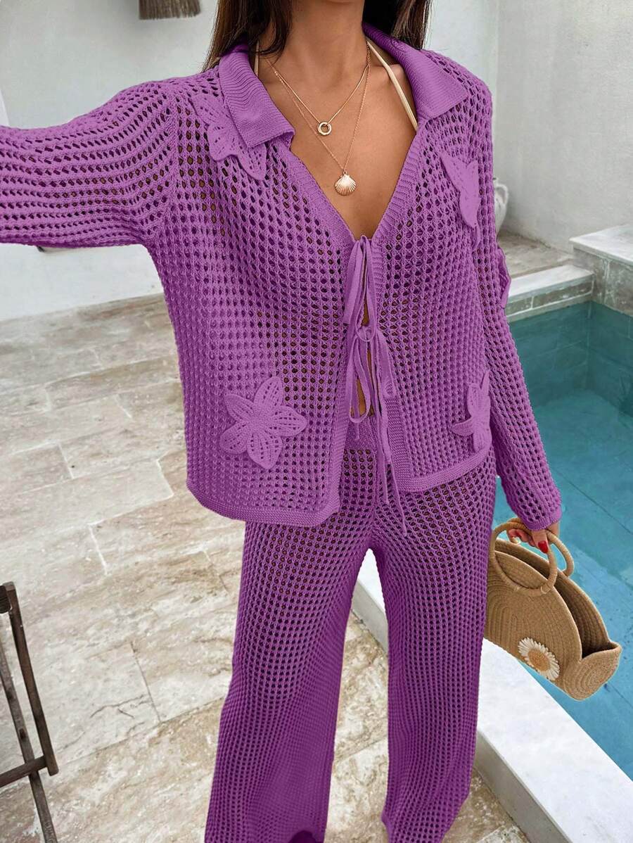 SHEIN Completo estivo da donna in due pezzi, abito da spiaggia in cotone bianco lavorato a uncinetto, stile boho, da indossare in vacanza o in resort