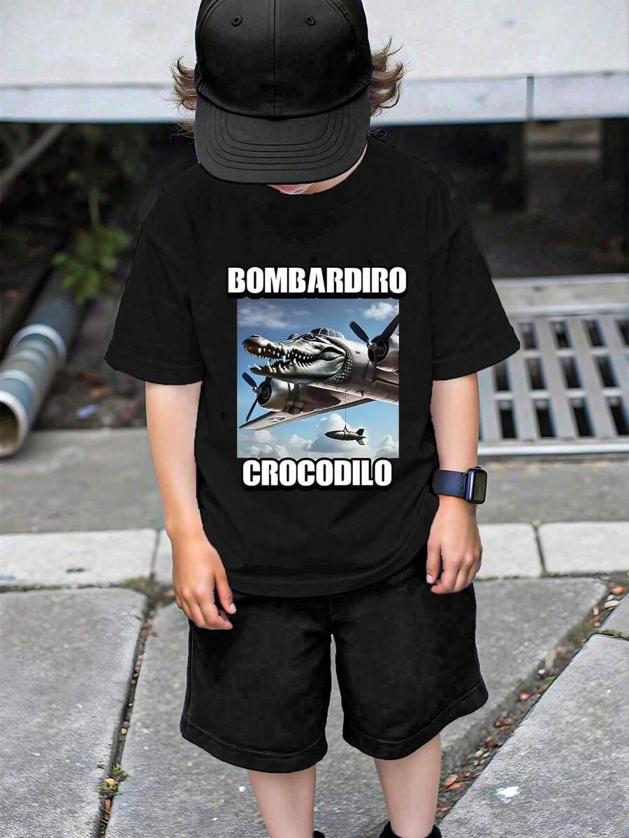 SHEIN Young Boy Casual Fashion Comfortable Minimalist Letter Cartoon Airplane & Crocodile Graphic Short Sleeve Round Neck T-Shirt Top, Summer
