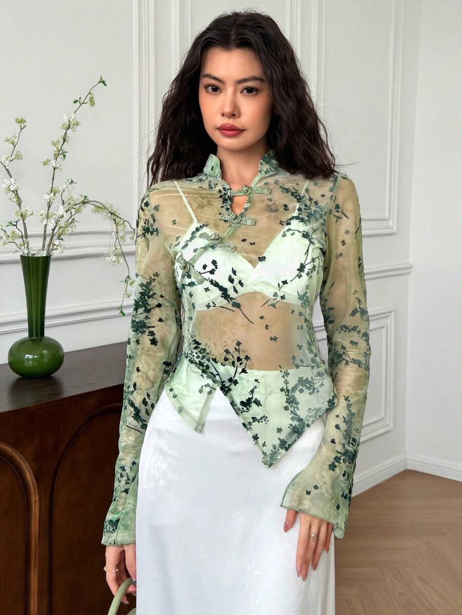 EastFlair Women Floral Flocked Mesh Long Sleeve Button Design Fashion Top