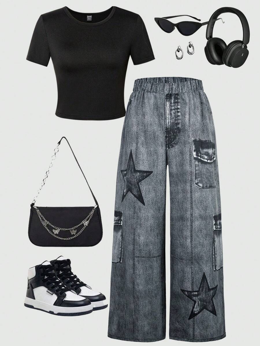 Women's Black Short Sleeve T-Shirt With Black English Letter & Star Pattern, Paired With Black Pants - Mommy And Me Matching Outfits (2 Sets Sold Separately) Y2k Outfit Rockstar Outfit Women 90s Outfit Star Jeans Outfit