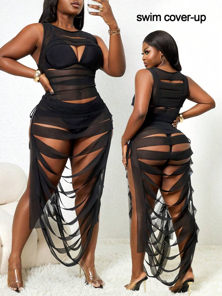 Slaydiva Robe de cache-maillot sexy de couleur unie à col rond et sans manches, avec découpes, pour femmes grande taille