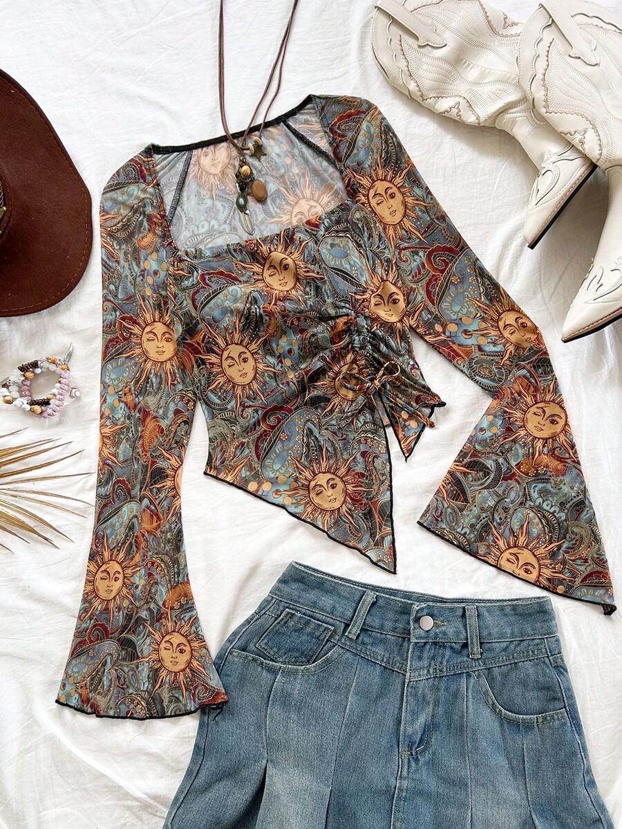 Soleia Blusa larga de manga abullonada con estampado floral bohemio, cordón y bajo asimétrico, adecuada para fiesta, cita, festival de música, té de la tarde, como interior o exterior