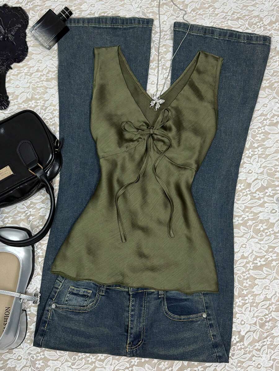 INAWLY Top de tirantes de unicolor con nudo delantero casual para mujer, ideal para el verano