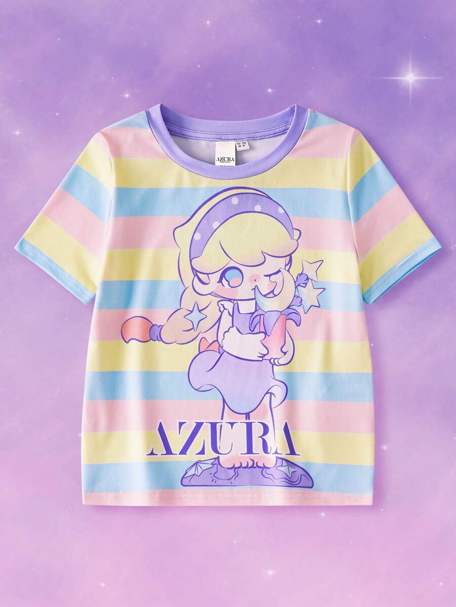 Pop Mart Azura X SHEIN Young Girl Cartoon & Striped Pattern Casual Sweet Cute Short Sleeve T-Shirt