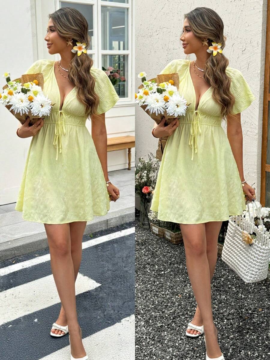 SHEIN LUNE Abito corto estivo da donna con maniche a volant, con laccetti frontali e design monocolore sexy