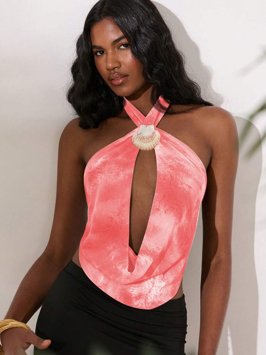 Opulessa 1pc Women Shell Print Halter Neck Backless Blouse