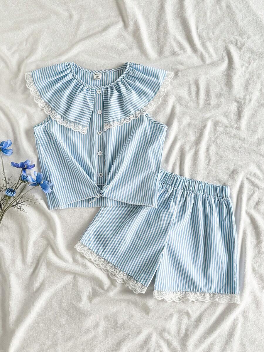 SHEIN Vintaside Kids Mädchen Ärmellose Spitze Große Kragen Mode Einfach Top Kombiniert Mit Lässig Vielseitig Spitzenshorts Set, Perfekt Für Sommer Zuhause Lässig Oder Für den Täglichen Outdoor-Gebrauch